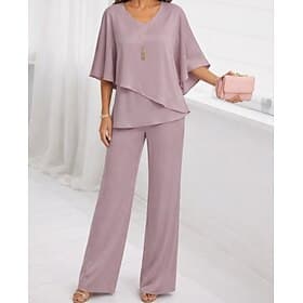 Women's Blouse Wide Leg Pants 3/4 Length Sleeve V Neck Plain Ruffle Fashion Streetwear Daily Casual Daily Pink Purple Khaki Spring   Fall Regular Fit