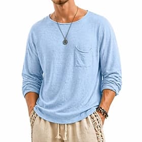 Men's Henley Shirt Linen T-Shirt Long Sleeve Bateau Summer Spring All Seasons Solid Color Vintage Bohemian Casual Plain Casual Vacation Street Purple Top Tee f