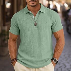 Hombre Camisa de lino Camisetas polo Casual Vacaciones Clásico Manga Corta Moda Color sólido Plano Botones Verano Primavera Ajuste regular Azul Piscina Negro A