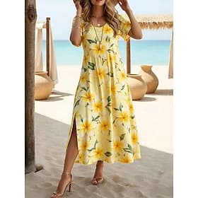 Women's Midi Dress A Line Dress Casual Beach Regular Fit Floral Graphic Short Sleeve Crew Neck Yellow Pink Green Summer Spring