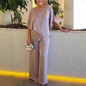 Women's Blouse Wide Leg Pants 3/4 Length Sleeve V Neck Plain Ruffle Fashion Streetwear Daily Casual Daily Pink Purple Khaki Spring   Fall Regular Fit thumbnail 2