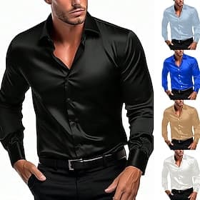 Men's Shirt Satin Shirt Casual Shirt Button Up Shirt Plain Daily Vacation Black White Wine Navy Blue Long Sleeve Lapel Spring Fall Clothing Apparel