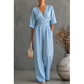Femmes Combinaison Élégant Couleur Unie Demi Manches Jambe large Col en V Patchwork Avec Poches Quotidien Vacances Coupe régulière Noir Blanche Jaune Été