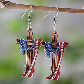 Patriotic Memorial Day American Flag Cross Wooden Pendant Earrings - Stainless Steel Hook, Vintage Minimalist Style Suitable for Casual Wear
