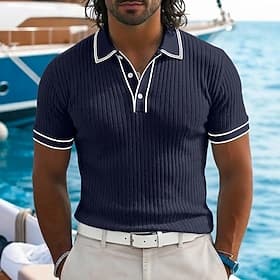 Men's Textured Golf Shirt Casual Holiday Lapel Ribbed Polo Collar Short Sleeve Basic Modern Color Block Patchwork Pocket Spring  Summer Summer Regular Fit Whit