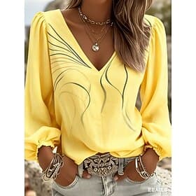 Women's Shirt Boho Shirt Graphic Abstract Elegant Bohemia Vacation Long Sleeve V Neck Regular Tops Casual Daily Holiday Blue Yellow Light Green Pink Brown Summ