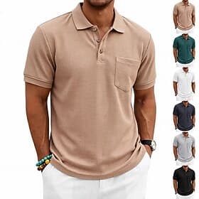 Men's Waffle Polo Shirts Polo Shirts Casual Street Lapel Short Sleeve Basic Modern Plain Pocket Lightweight Summer Spring Regular Fit Black White Navy Blue Dar