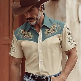 Men's Floral Print Flowers Shirt Western Shirt Cowboy Shirt Short Sleeve Vintage Retro Outdoor Vacation WorkWear Summer Spring Turndown 3D Print Linen Like Shi
