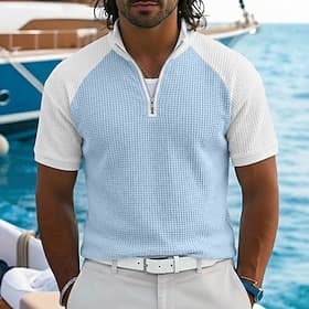 Hombre Camisetas polo con diseño de gofre Casual Festivos Cuello Mao Manga Corta Básico Moderno Plaid Bloque de color Bloque de Color Botones Verano Primavera thumbnail 2