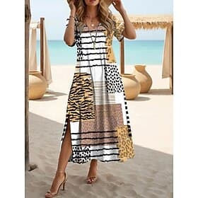 Dames Maxi-jurk A lijn jurk Casual Dagelijks Ruim Passend Bloemig Abstract Korte mouw V-hals blauw Donkergeel Groen Zomer Lente