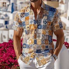 Voor heren Raster- / geruite patronen Mediterrane tegelprint Ingewikkelde bloemen Overhemd Overhemd met knopen Korte mouw Vintage Retro Streetwear Vakantie Zom