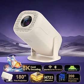 Smart Projector with Android 14, WiFi 6, BT 5.2, 180° Rotating Portable Projector, 8K Decoding, 200 ANSI Lumens, Movie Projector for Home, Outdoor, TV Stick, i
