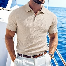 Men's Polo Polo Shirts Casual Street Lapel Short Sleeve Basic Modern Plain Lightweight Buttons Summer Spring Slim Fit Black White Green Beige Light Blue Polo