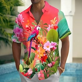 Herren Papagei Tropische Pflanzen Blumen Sommer Hawaiihemd Knopfhemd Alohahemd Kurzarm Hawaiianisch Urlaub Sommer Frühling Umlegekragen 3D-Druck Hemden mit Kra