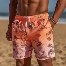 Men's Coconut Tree Gradient Color Sailboat Swim Trunks Bathing Suits Swim Shorts Board Shorts Mid Waist Hawaiian Beach Vacation Wear Side Pockets Mesh Lining E
