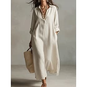 Women's Maxi Dress Sundress Casual Dress Vacation Casual Boho Beach Party Date Loose Fit Plain Long Sleeve V Neck Blue Black White Green Summer Spring