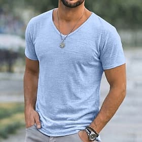 Per uomo Maglietta Camicia a Maniche Corte Maglietta in lino Manica Corta Scollo a V Estate Primavera Tinta unica Semplice Striscia di Fossa Streetwear Elegant