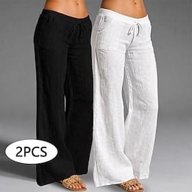 2er-Pack Damen-Sommerhosen aus 100 % Baumwolle, Chinos mit weitem Bein, ideal für Urlaub, Freizeit, lange Länge, hoher Bund, einfarbig, mit Kordelzug, bequem,