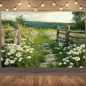 Country Meadow Wall Tapestry Backdrop Daisy Flower Landscape Wall Hanging Rustic Farmhouse Nature Scenic Tapestry for Bedroom Living Room Dorm Home Decor