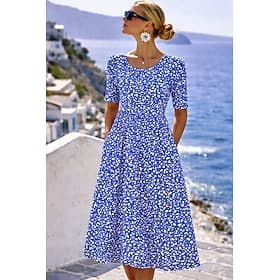 Women's Midi Dress Shift Dress Vacation Casual Regular Fit Floral Graphic Bohemian Short Sleeve Crew Neck Blue Red Orange Green Summer Spring