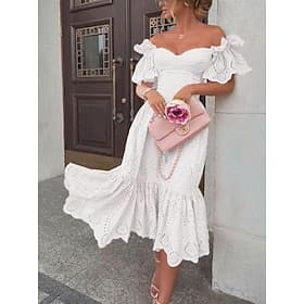 Women's Midi Dress White Dress Casual Dress Elegant Fashion Modern Outdoor Vacation Going out Regular Fit Plain Short Sleeve Off Shoulder White Pink Summer Spr