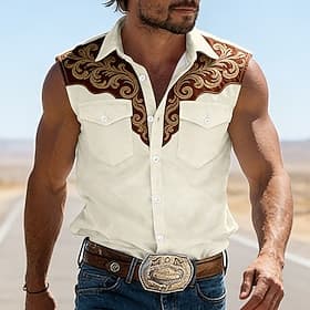Herre Blomstermønster Årgang Western skjorte Cowboyskjorte Ermeløs skjorte Ermeløs vestlig stil utendørs Arbeid Avslappet Sommer Vår Aftæpning 3D-utskrift Arbe