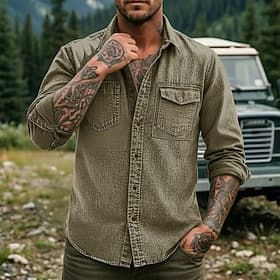 SoftFade™ Men's Shirt Casual Shirt Work Shirt Button Up Shirt Garment Dyed Faded Shirt Black Burgundy Light Brown khaki Light Grey Long Sleeve Plain Shirt Coll