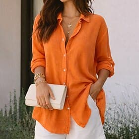 Mujer Camisa Camisa de verano Camisa casual Abotonar la camisa Frunce Color sólido Plano Elegante Vacaciones Moda Manga Larga Cuello Vuelto Tops largos Ropa de