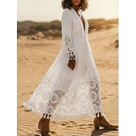 Damen Maxikleid Boho-Kleid Spitzenkleid Weißes Kleid Sommerkleid Elegant Mode Strand Urlaub Ferien Lässiger Schnitt Einfach Dreiviertelarm V Ausschnitt Blau We