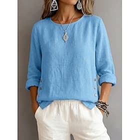 Women's Blouse Ruched Buttons Plain Vintage Stylish Long Sleeve Crew Neck Regular Tops Daily Holiday Going out Blue Black White Yellow Pink Summer Spring