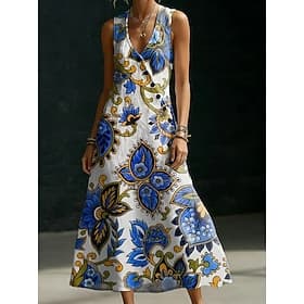 Women's Midi Dress Boho Dress Shirt Dress Sundress Elegant Bohemia Ethnic Beach Holiday Regular Fit Floral Graphic Sleeveless V Neck Blue Pink Orange Summer Sp