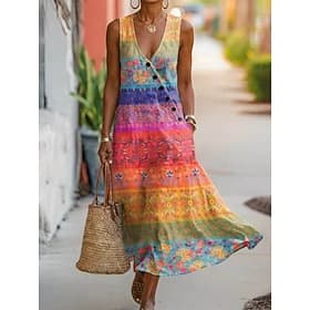 Per donna Abito Midi Vestito Estivo Vestito Casual Abito a trapezio Elegante Vacanza Spiaggia Ferie Vestibilità regolare Grafico Geometrico Senza Maniche Scoll