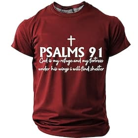 Men's Bible Psalms 91 Cross God is my refuge and my fortress under his wings I will find shelter Bible Verse T Shirt Graphic Crew Neck Regular Fit Church Desig