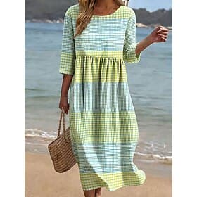 Women's Midi Dress Sundress Summer Dress Vacation Casual Boho Beach Holiday Loose Fit Graphic Plaid 3/4 Length Sleeve Crew Neck Blue Yellow Orange Summer Sprin