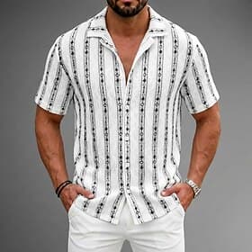 Herren Hemd Textur Durchgeknöpft Hemd Jacquard-Hemd Weiß Kurzarm Geometrisch Revers Lässig Täglich Jacquard Bekleidung Streetwear Lässig
