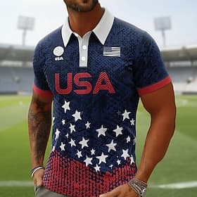 2026 Soccer Cup Men's American US Flag Soccer Polo Shirts Short Sleeve Polo Shirts Collared Shirts Casual Athleisure 3D Print Buttons Spring  Summer Blue