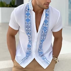 Homme Géométrique Ethnique 钻石纹 Chemise Chemise Guayabera Chemise Boutonnée Manche Courte Vintage Rétro Quotidien Extérieur Vacances Été Printemps Col Rabattu I