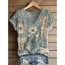 Women's T Shirt Print Floral Graphic Plants Vintage Stylish Classic Short Sleeve V Neck Long Tops Daily Weekend Blue Orange Green White Yellow Pink Summer Spri
