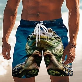 Men's Crocodile Heart-shaped Cartoon Animals Swim Trunks Bathing Suits Swim Shorts Board Shorts Mid Waist Hawaiian Funny Beach Vacation Wear Side Pockets Mesh