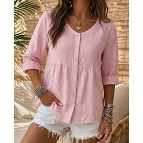 Damen Bluse Knöpfe Einfarbig Vintage Stilvoll Lässig Langarm V Ausschnitt Normale Oberteile Lässig Täglich Weiß Gelb Rosa Grün Sommer Frühling Herbst