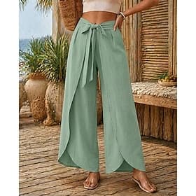 Women's Linen-feel Pants Slacks Summer Pants Vacation Basic Casual Full Length High Waist Plain Elastic Waist Split Comfort Breathability Outdoor Inelastic Vac