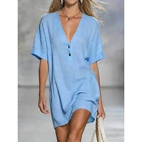 Women's Mini Dress Linen-feel Dresses Shift Dress Summer Dress Casual Daily Loose Fit Plain Short Sleeve V Neck Blue White Yellow Pink Summer Spring Fall