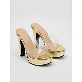 Women's Gold Platform Block Heel Sandals, Clear Strap Open Toe Dress Shoes for Cocktail Party, Prom  Evening Events