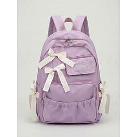 Women's Polyester Backpack with Ribbon Bow Decoration, Multiple Colors, Large Multi-Pocket Capacity, Adjustable Straps, Perfect for Elementary  Middle School B