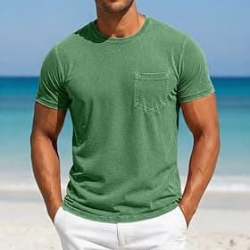 Hombre Camiseta Camisa 100% algodón con lavado ácido Manga Corta Cuello Barco Verano Primavera Todas las Temporadas Color sólido Elegante Vintage Neutral Bolsi thumbnail 2