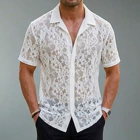Men's Shirt Texture Button Down Shirt Jacquard Shirt White Short Sleeve Geometric Floral Cuban Collar Casual Daily Jacquard Clothing Apparel Streetwear Casual