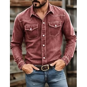SoftFade™ Men's Shirt Casual Shirt Work Shirt Button Up Shirt Garment Dyed Faded Shirt Blue Black Red Camel Light Grey Long Sleeve Plain Shirt Collar Casual Da