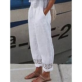 Women's 100% Cotton Pants Summer Pants Trousers Casual Daily Full Length Natural Plain Drawstring Side Pockets Cut Out Breathability Comfortable Inelastic Goin