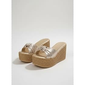 Sandales compensées à plateforme dorées métallisées pour femmes - élégantes sandales montantes de style espadrille avec détail nœud, idéales pour les complexes