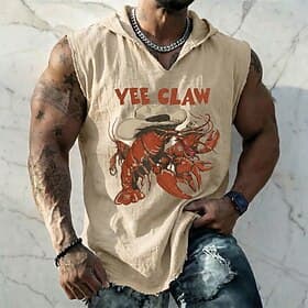 Men's Yee Claw Lobster Crawfish Cowboy Western Boho Vintage Sleeveless Hooded Vest Graphic Cotton Linen Frayed Raw Hem Loose Fit Summer Casual Designer Clothin